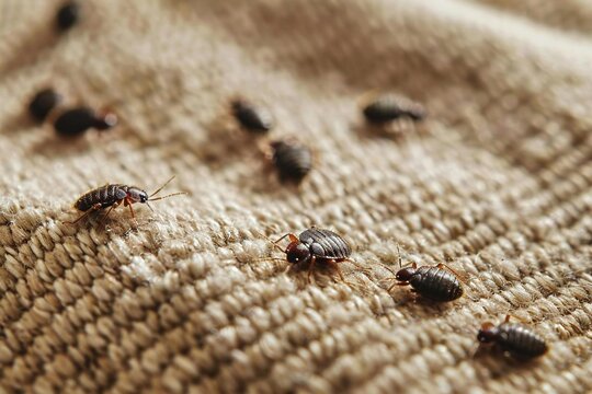 Several bed bugs crawl across the textured weave of beige fabric, their dark brown, oval-shaped bodies clearly visible against the neutral background.