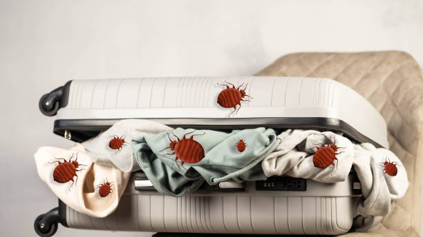 Bedbugs in a suitcase with things. Carrying bedbugs in a suitcase from a trip. Cimex lectularius is a type of domestic blood-sucking insect.